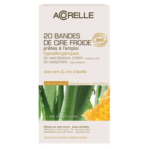 Acorelle Cold Organic Wax Stripes for Bikini & Underarms, 20 Strips - Hypoallergenic