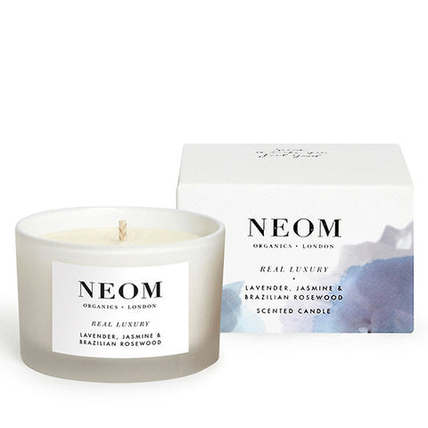 Neom Organics Real Luxury Scented Travel Candle De-Stress - Lavender, jasmine & brazilian rosewood, 1 wick / 20 hours burn time, 100% natural