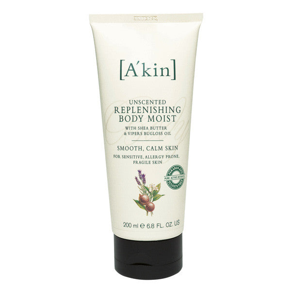 A'kin Unscented Replenishing Body Moist, 200ml - Fragrance free, deeply hydrating & calming for allergic or sun burn skin