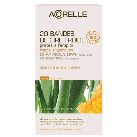 Acorelle Cold Organic Wax Stripes for Facial Hair, 20 Strips -Hypoallergenic